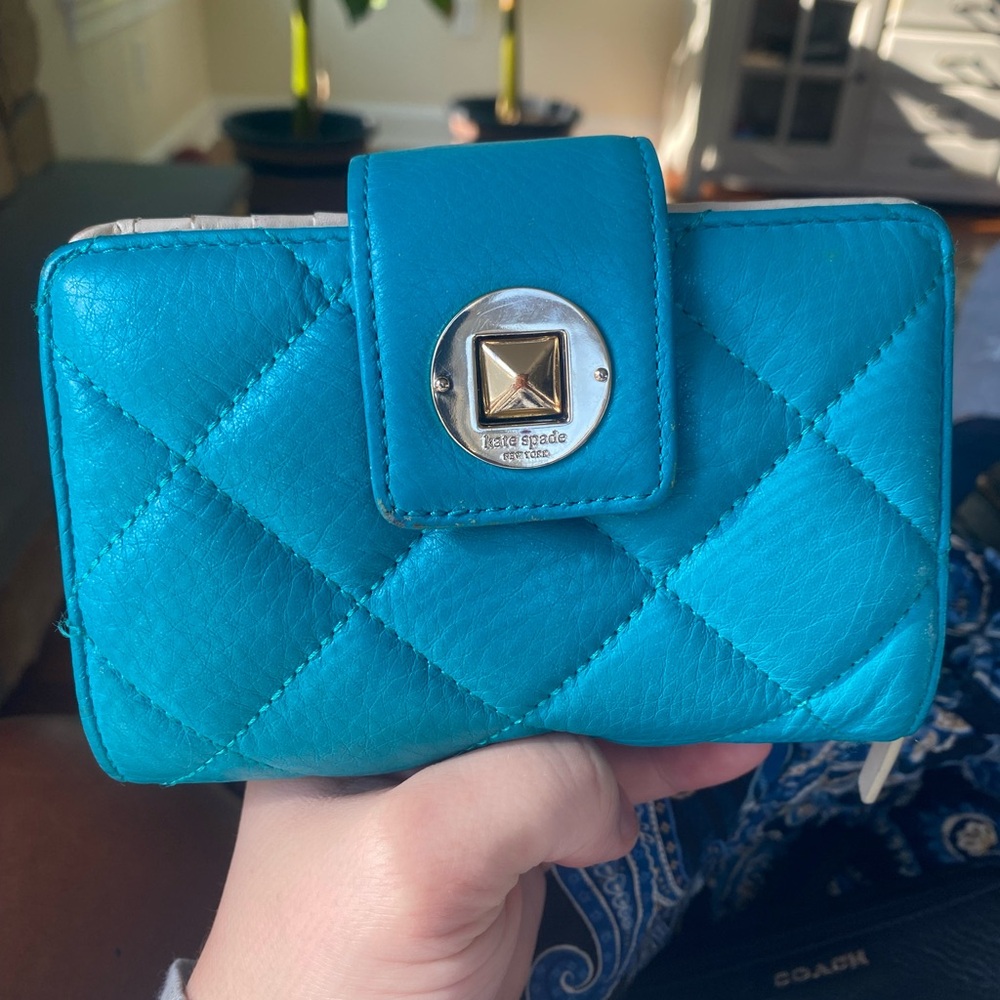 kate spade Teal Quilted Leather Wallet with Gold-Tone Accent